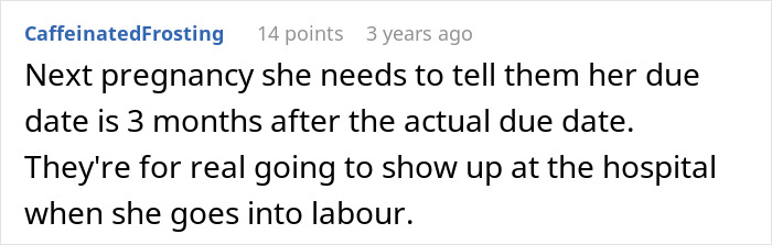 Online comment suggesting a woman set a clear boundary before giving birth regarding her due date. Online comment suggesting a woman set a clear boundary before giving birth regarding her due date.