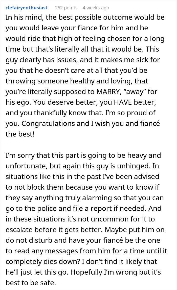 A long supportive comment urging safety after a bestie waits 20 years to tell her he loves her on engagement day A long supportive comment urging safety after a bestie waits 20 years to tell her he loves her on engagement day