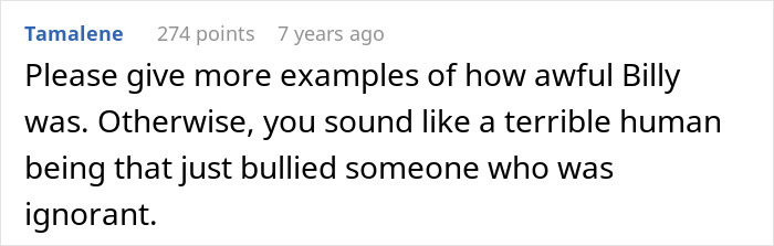 Reddit comment accusing an employee of being a bully after their boss gets demoted.