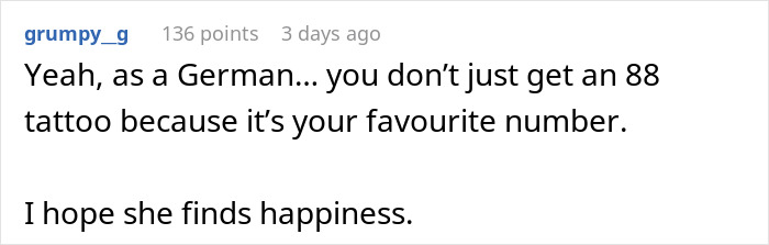 German user commenting on symbolic tattoos, relating to a woman who can't marry her fiancé German user commenting on symbolic tattoos, relating to a woman who can't marry her fiancé