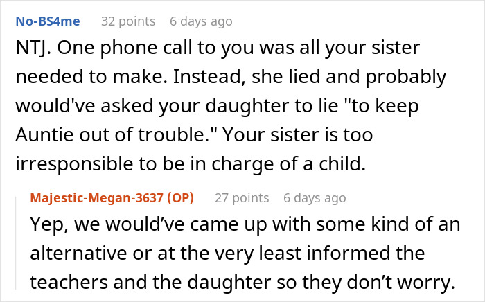Comment thread discussing irresponsible family members after an aunt leaves her niece alone at school Comment thread discussing irresponsible family members after an aunt leaves her niece alone at school