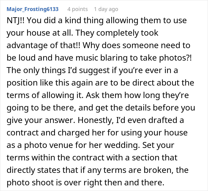 Comment advising on managing house use for wedding photo shoots Comment advising on managing house use for wedding photo shoots
