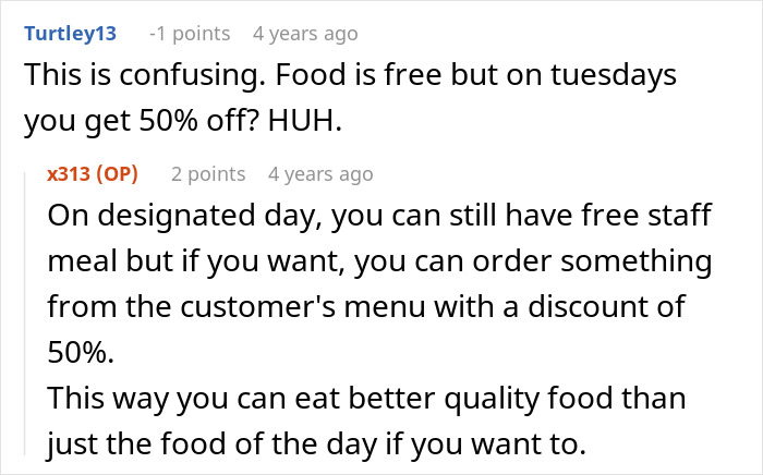 A comment thread about restaurant employee discount policies in the bossy coworker story. A comment thread about restaurant employee discount policies in the bossy coworker story.