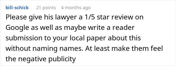 Reader comment advising a negative review for the lawyer after neighbor cuts down oak tree. Reader comment advising a negative review for the lawyer after neighbor cuts down oak tree.