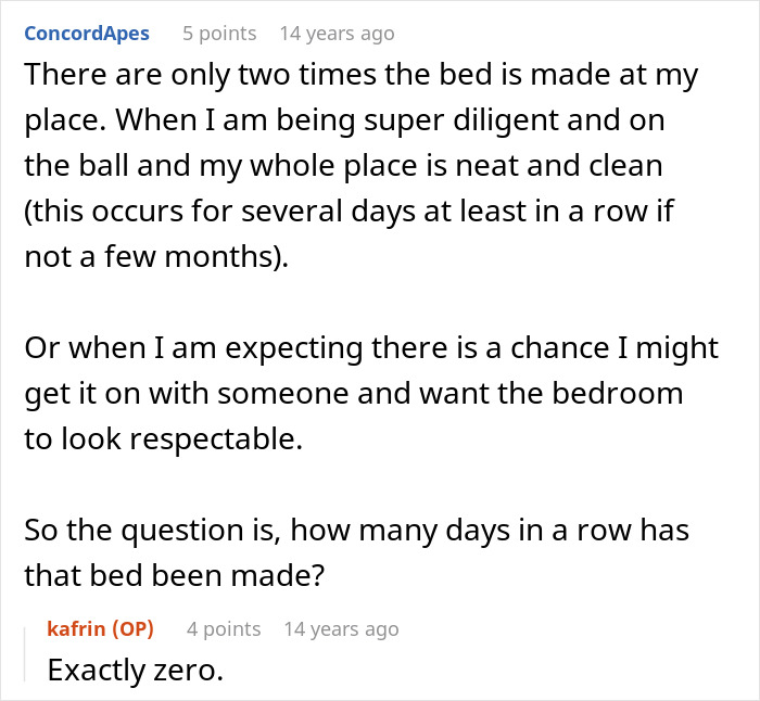 Reddit post discussing a bed being made, with the author responding that it has been made exactly zero days Reddit post discussing a bed being made, with the author responding that it has been made exactly zero days