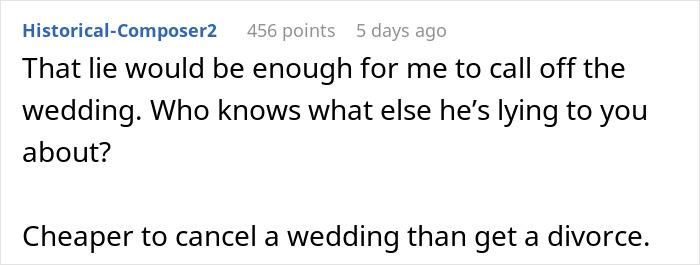 Social media comment advice about how a fiancé’s lie is reason enough to call off getting married. Social media comment advice about how a fiancé’s lie is reason enough to call off getting married.