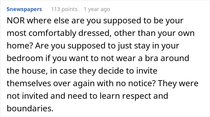 Comment defending a woman who kicks out in-laws, emphasizing comfort and privacy at home.