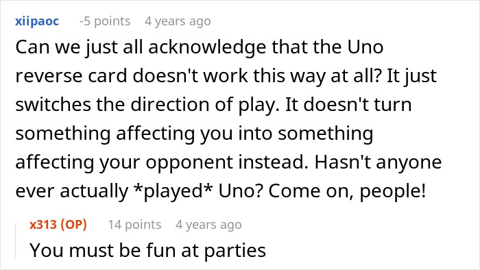 A comment thread explaining how the Uno reverse card works in a story about a bossy coworker. A comment thread explaining how the Uno reverse card works in a story about a bossy coworker.