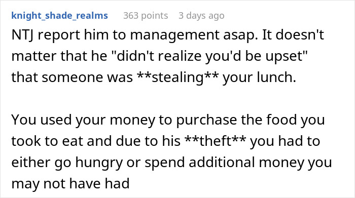 Reddit user advising management report for a thief stealing coworker lunches Reddit user advising management report for a thief stealing coworker lunches