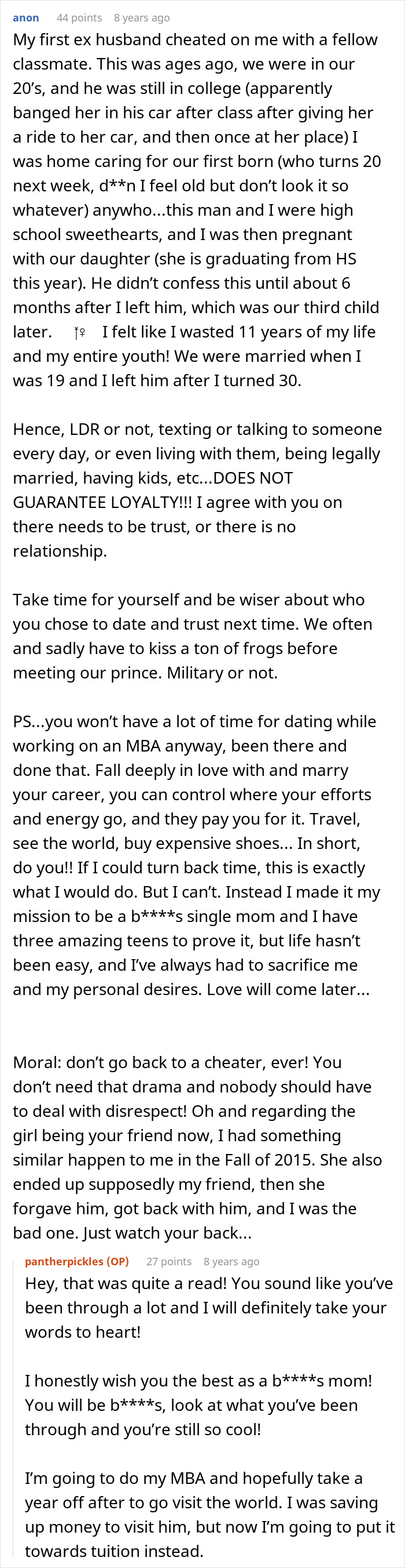 An online forum thread with comments sharing personal experiences after a woman dumps cheater BF An online forum thread with comments sharing personal experiences after a woman dumps cheater BF