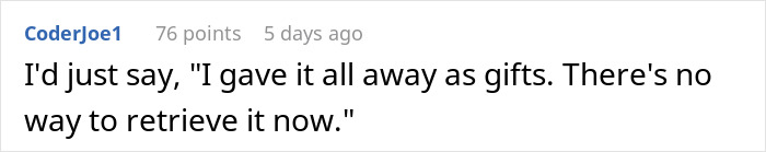 A user comment suggesting a reply to Walmart checkout demands about giving items away as gifts. A user comment suggesting a reply to Walmart checkout demands about giving items away as gifts.