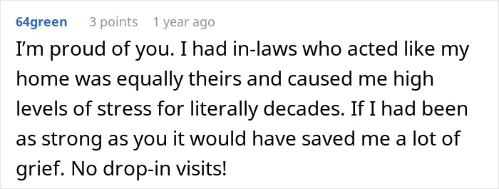 Online comment offering support to a woman who kicks out in-laws after disrespectful behavior.