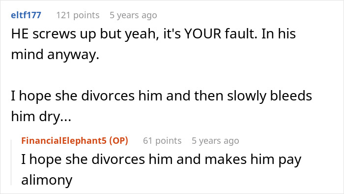 Online comment hoping for divorce and alimony over cheating issue Online comment hoping for divorce and alimony over cheating issue
