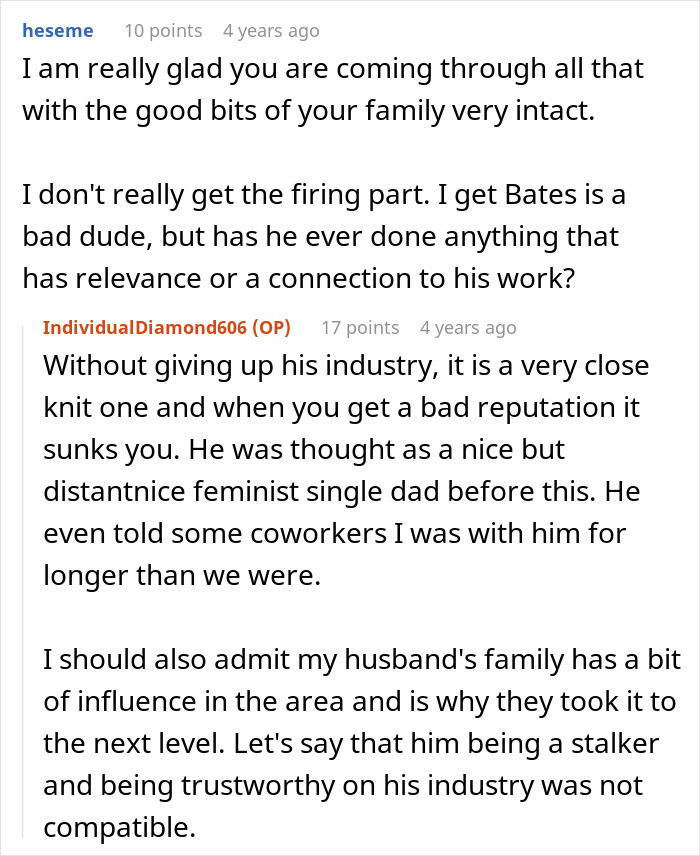 Reddit discussion about the professional impact on a guy who keeps pursuing ex as a stalker.