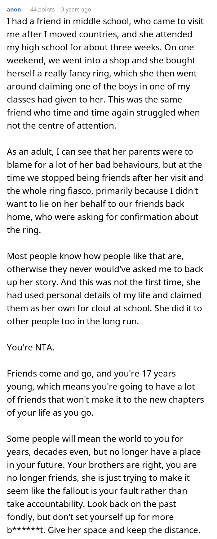 Comment recounts experience with a manipulative friend who lied about dating brothers for attention Comment recounts experience with a manipulative friend who lied about dating brothers for attention