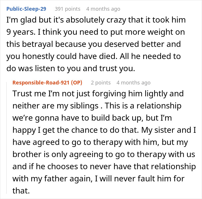 Online comment thread discussing family therapy and healing after stepchild's food incident led to divorce.