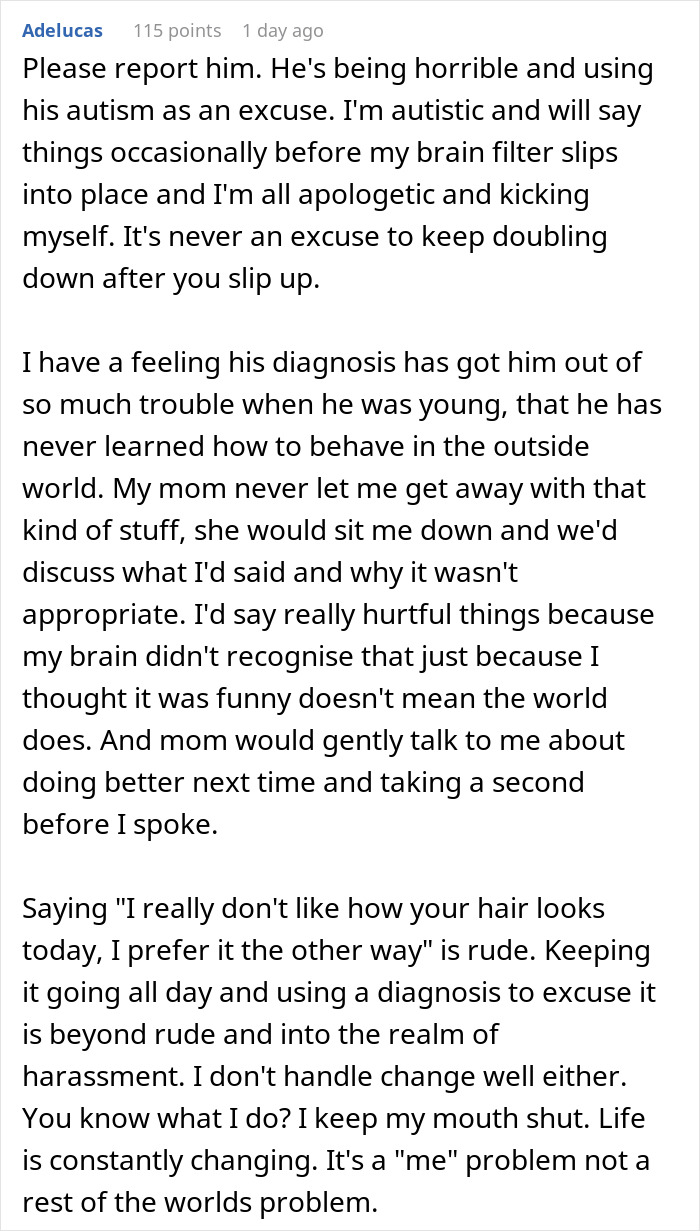 An online comment discussing a coworker who insults a woman's hair and blames his autism.