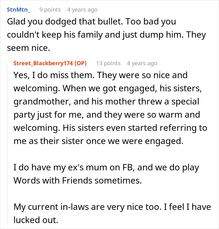 Comments reflecting on a broken engagement and seeking petty revenge on an ex-fiance.