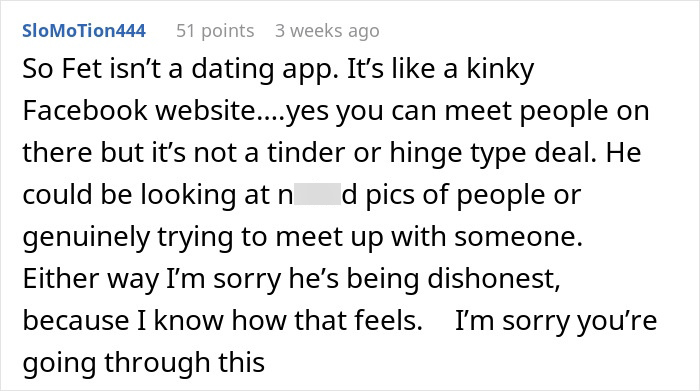 Comment explaining Fet is not a typical dating app