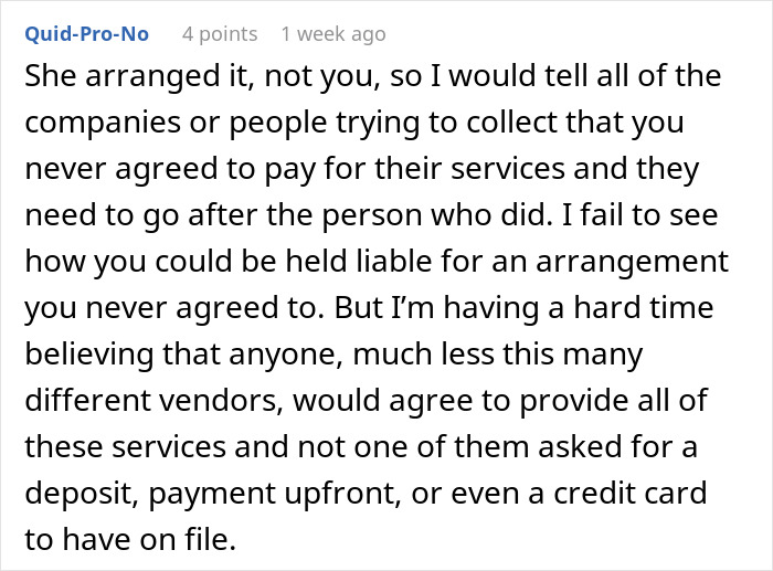Comment advising to contact vendors about stepmom's wedding expense arrangements