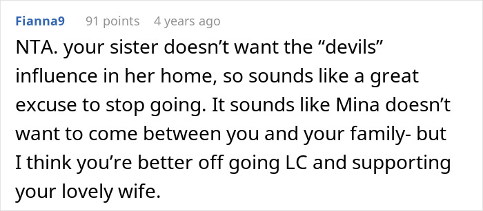 A comment supporting a husband whose sister wanted him to control his wife over her outfits. A comment supporting a husband whose sister wanted him to control his wife over her outfits.