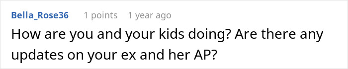 A comment asking for updates on an ex-wife and her affair partner after a secret affair. A comment asking for updates on an ex-wife and her affair partner after a secret affair.