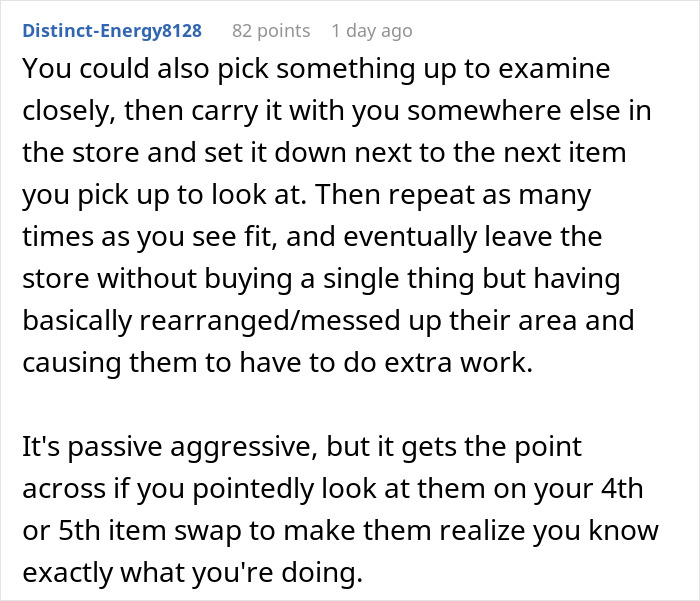 Comment describing passive aggressive store behavior to message staff Comment describing passive aggressive store behavior to message staff
