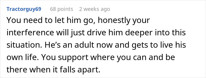 Social media comment telling a mom her son's GF is his choice as an adult, advising her to let him live his life. Social media comment telling a mom her son's GF is his choice as an adult, advising her to let him live his life.