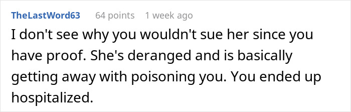 Online comment suggesting legal action over contaminated stepchild’s food and hospitalization.