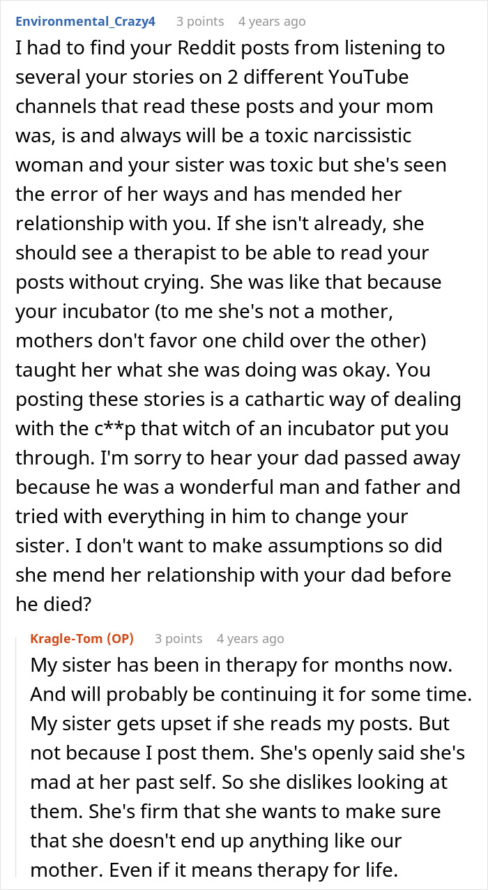 Reddit user comment explaining how a jealous sis is in therapy and mending her relationship Reddit user comment explaining how a jealous sis is in therapy and mending her relationship