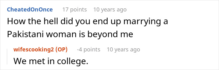 A comment thread questioning a husband's relationship dynamic after showing dislike for his wife's cultural cuisine. A comment thread questioning a husband's relationship dynamic after showing dislike for his wife's cultural cuisine.