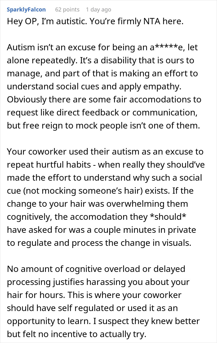An online comment discussing how autism is not an excuse to insult a coworker or ignore social cues.
