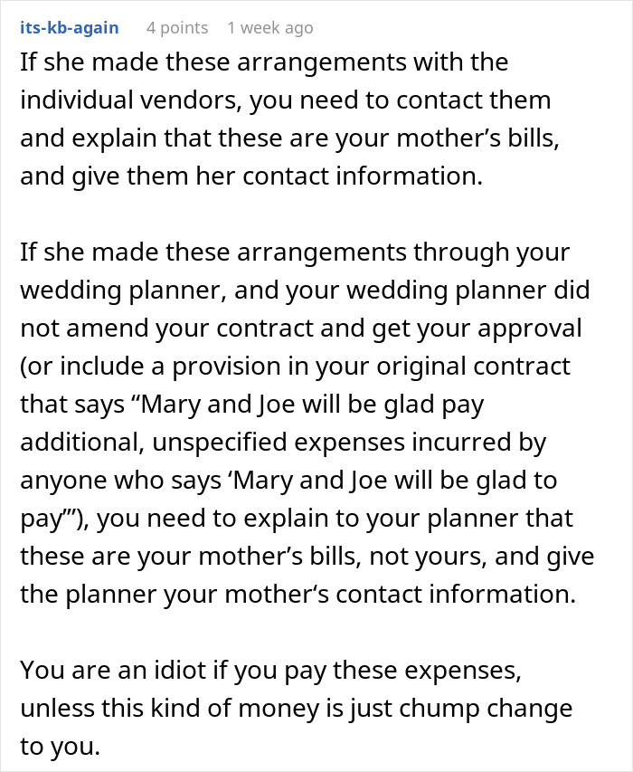 Comment suggesting clarifying responsibility of wedding bills to vendors and planner