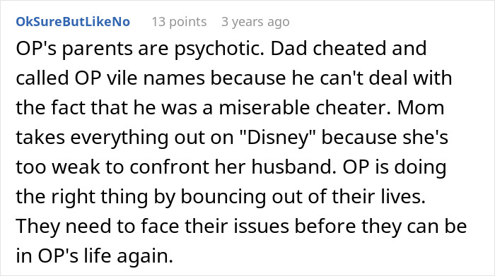 Reddit comment discussing parents cheating and blaming Disneyland for their issues. Reddit comment discussing parents cheating and blaming Disneyland for their issues.