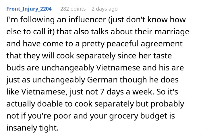 A social media comment about cooking preferences linked to a man dislike for wife cultural cuisine. A social media comment about cooking preferences linked to a man dislike for wife cultural cuisine.