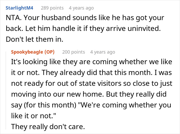 An online discussion thread about a woman and her husband trying to set a clear boundary with uninvited parents. An online discussion thread about a woman and her husband trying to set a clear boundary with uninvited parents.