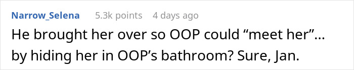 Social media comment on a post where a woman spots unfamiliar shoes by her bed and finds another woman in the bathroom Social media comment on a post where a woman spots unfamiliar shoes by her bed and finds another woman in the bathroom