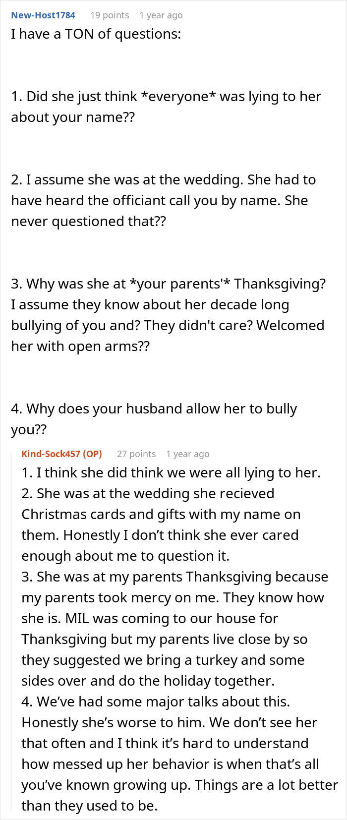 A social media Q and A thread discussing why the MIL keeps getting the DIL’s name wrong. A social media Q and A thread discussing why the MIL keeps getting the DIL’s name wrong.