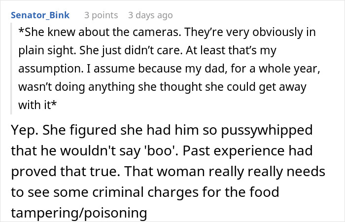 Reddit comment discussing a woman throwing away her stepchild’s food and calling for criminal charges.