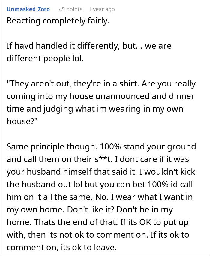 Screenshot of a comment supporting a woman who kicked out in-laws for criticizing what she wears at home.