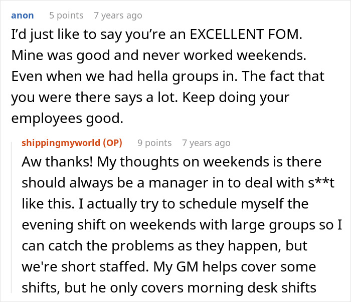 Online comments praising an excellent hotel manager for supporting staff during a bridezilla incident.