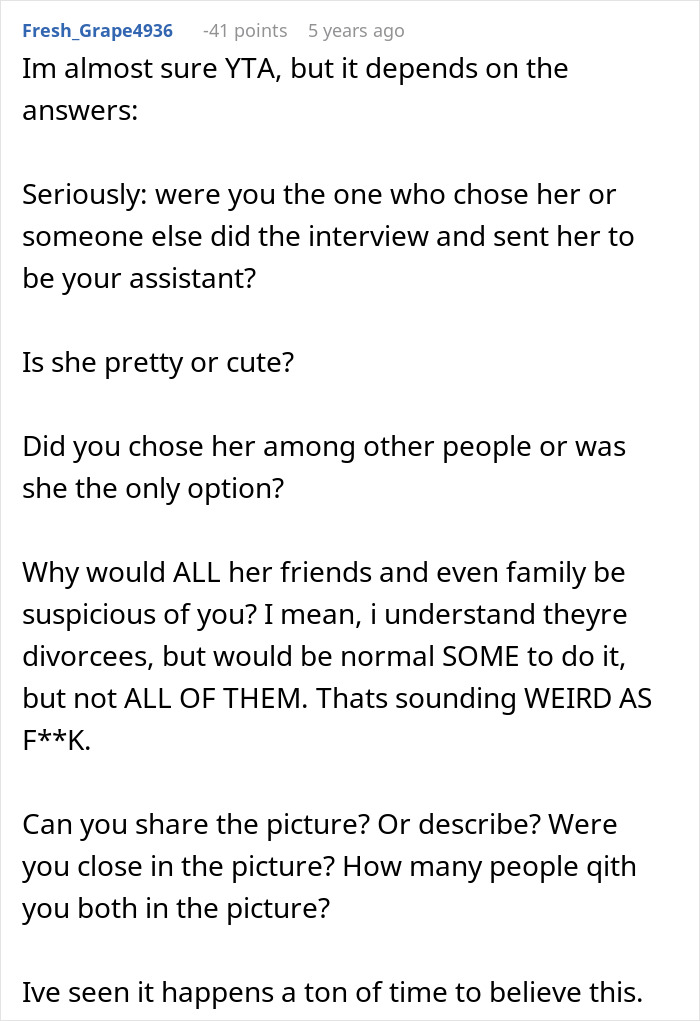 A Reddit user questioning the husband's story and asking for more details about the assistant A Reddit user questioning the husband's story and asking for more details about the assistant