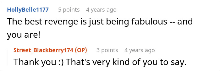 User comment on petty revenge and being fabulous.