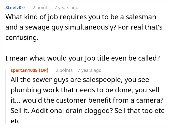 Social media comments detailing plumbing and sewer sales roles for an employee who never forgives.