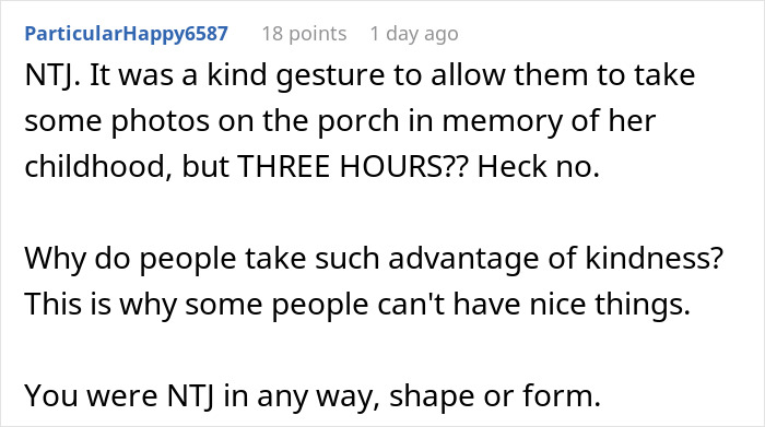 Comment stating three hours photo shoot on porch is excessive and showing kindness a****d Comment stating three hours photo shoot on porch is excessive and showing kindness a****d