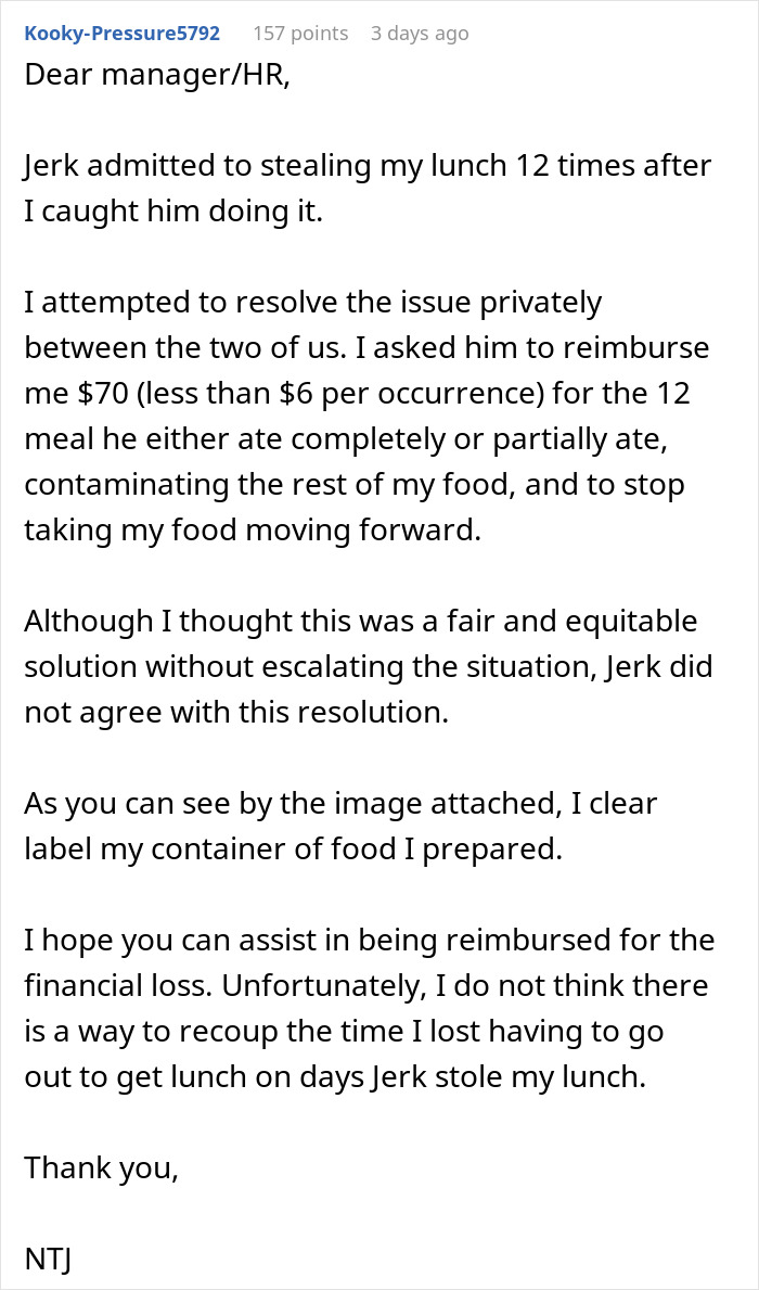 Email drafted to manager about a coworker taking lunches like an office buffet and requesting reimbursement. Email drafted to manager about a coworker taking lunches like an office buffet and requesting reimbursement.