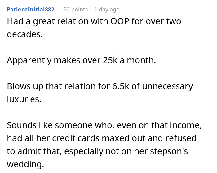 Comment analyzing financial strain of stepmom's wedding luxury spending