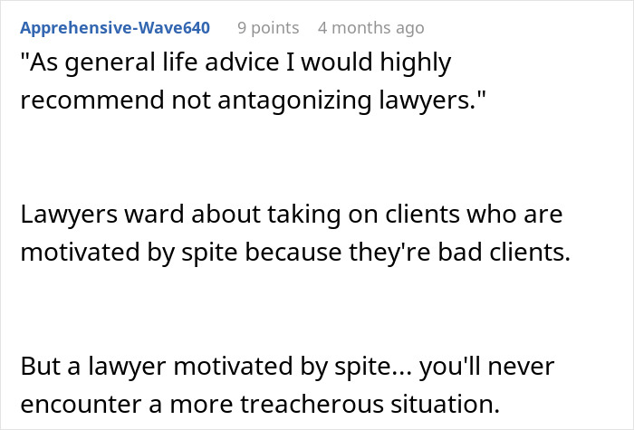 User comment warning about lawyers and spiteful neighbors, discussing an entitled neighbor who cuts down trees. User comment warning about lawyers and spiteful neighbors, discussing an entitled neighbor who cuts down trees.