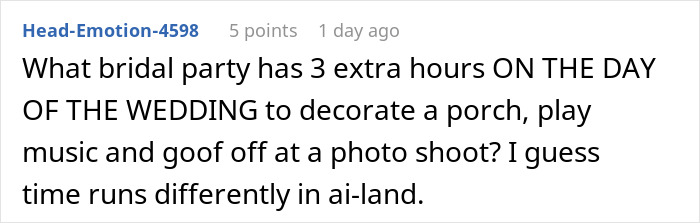 Reddit comment about bridal party spending extra hours on wedding porch photoshoot Reddit comment about bridal party spending extra hours on wedding porch photoshoot