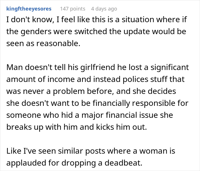 Online post analyzing gender double standards regarding financial responsibility and relationship issues. Online post analyzing gender double standards regarding financial responsibility and relationship issues.